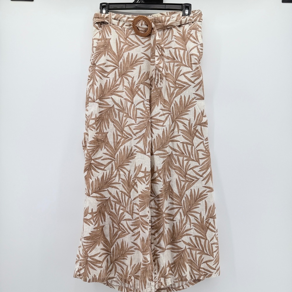 Nicole Miller New‎ York Women Small Brown Palm Print 100% Linen Wide Leg Pants